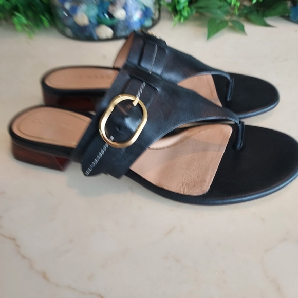 Cole Haan Shoes - Black Leather Toe-Post Slide Sandals with Gold Buckle Accent